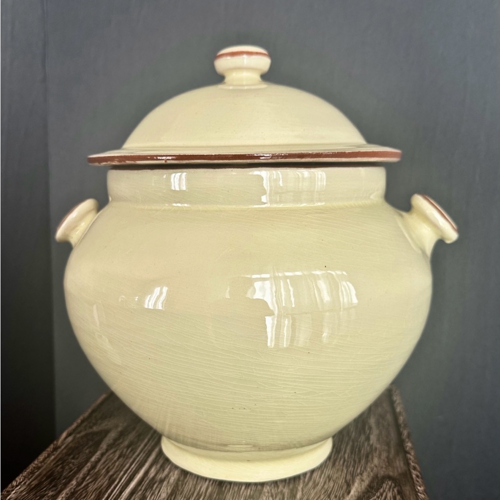 Vintage Cream Color Ceramic Red Clay Soup Tureen. Handmade in Spain.
